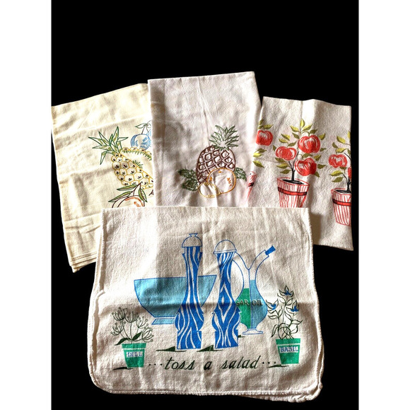 Vtg Linen & Cloth Fabric Tea towels Set Lot 4 Pieces Embroidered & Stamped Fruit - Picture 1 of 9